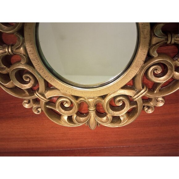 Round Accent Mirror Gold Gilt Ornate Scroll Composite Vintage 10" Hanging - Picture 3 of 5